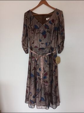 Fanny Brown Blue Purple Floral Chiffon A-Line Midi Dress V-Neck 3/4 Sleeves XL